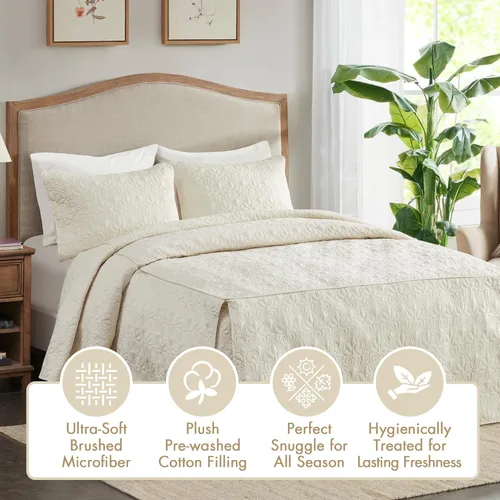 Miniatura 3 de Cubrecama ajustable Madison Park Quebec de diseño clásico tradicional para todas las estaciones, ligera, juego de ropa de cama, fundas a juego, Crema