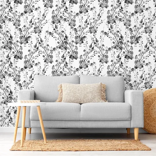 Miniatura 3 de VEELIKE Chinoiserie - Papel tapiz floral bohemio para despegar y pegar en blanco y negro, 17.7 x 118 pulgadas, decoración de pared autoadhesivo