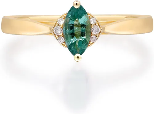 Gin & Grace Anillo de oro amarillo de 14 quilates con esmeralda natural de Zambia con diamantes naturales para mujer. Joyería hecha a mano de pera