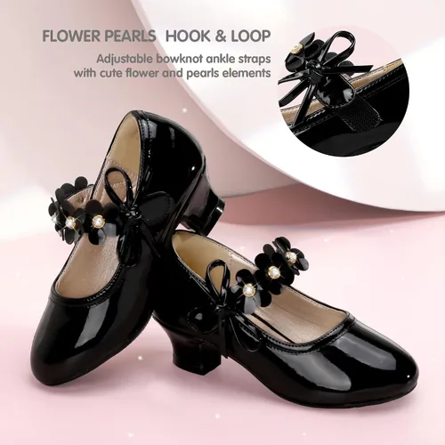Miniatura 3 de PANDANINJIA Zapatos de vestir para niñas, zapatos de tacón Mary Jane con flores, fiesta de boda, regreso a la escuela, zapatos de tacón para niños