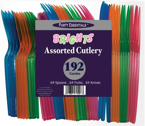 Miniatura 6 de Party Essentials Paquete combinado de cubiertos de plástico duro de alta resistencia, 96 piezas/32 lugares, varios brillantes neón