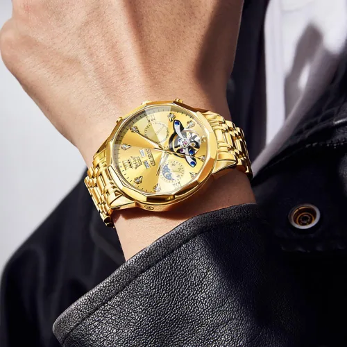 Miniatura 64 de OLEVS Reloj de pulsera automático con diseño de esqueleto para hombre, de lujo, con diamantes de lujo, de acero inoxidable, calendario, reloj