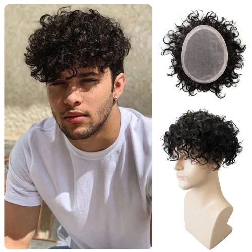 Miniatura 9 de Lordhair Mens Weave 6 * 8 "unidad de cabello humano negro 0.787 in rizado sistema de cabello para hombre con 1" PU recubierto perímetro toupee