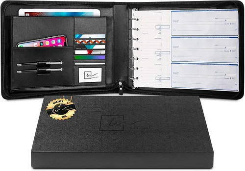Inkline Carpeta profesional de piel sintética con cierre de cremallera con 7 anillas, capacidad de 500 cheques, hojas de 9 x 13 pulgadas, Negro