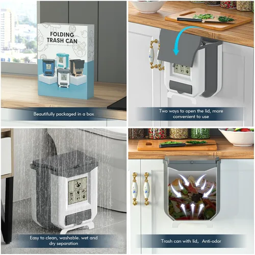 Miniatura 3 de HI NINGER Bote de basura pequeño con tapa, blanco grisáceo, 2.4 galones, plegable, sello de olor, cubo de compost de cocina, colgante, portátil