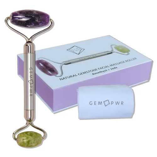 Amatista + rodillo de jade para masaje facial y cuello, piedras preciosas dobles con mango de acero duradero y bolsa de viaje. Minimiza las arrugas,