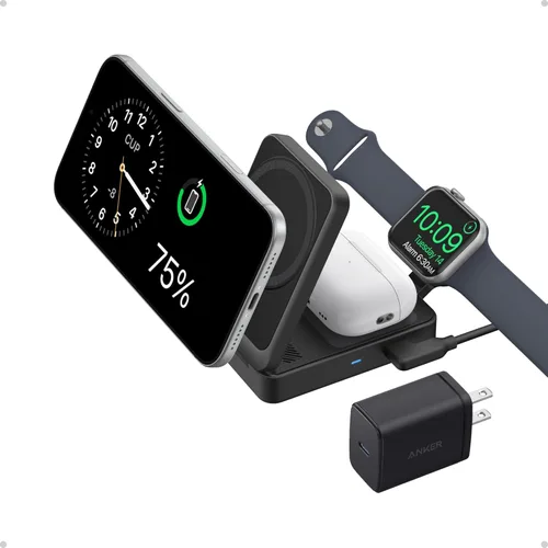 Anker MagGo - Estación de carga 3 en 1 para iPhone 17, soporte de cargador inalámbrico compatible con MagSafe, cargador plegable de 15 W certificado