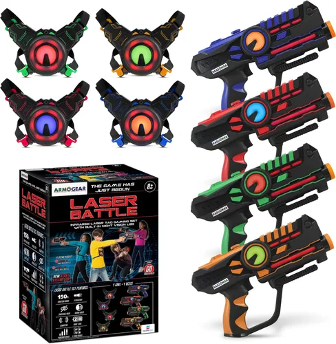 ArmoGear Juego de 4 pistolas láser con chalecos - Juego de combate láser para niños y adultos - Pistolas de juguete con un alcance de 150 pies,