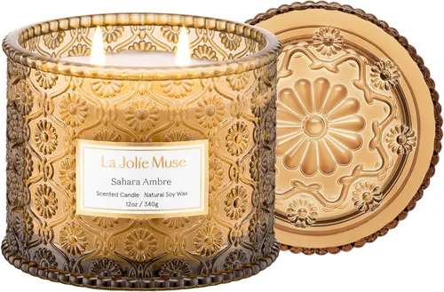 LA JOLIE MUSE Vela Sahara Amber – Bergamota, clavo y ámbar | Vela de cera de soja grande de 12 onzas con 2 mechas | 60 horas de combustión limpia |