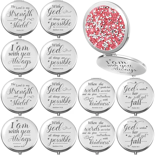 Miniatura 8 de Thyle 12 piezas de espejo compacto a granel, espejo de bolsillo cristiano para confirmación católica VBS para mujeres, versículo bíblico, cartera