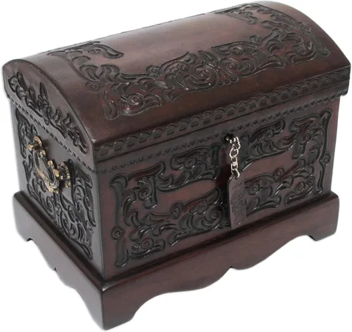 Miniatura 14 de NOVICA Caja de joyería de madera y cuero labrado Mohena con temática colonial, legado colonial