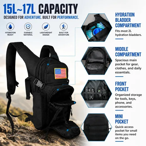 Miniatura 4 de Tactical Hydration Backpack 2L Water Bladder - Lightweight Durable Pack for Hiking, Running, Outdoor Adventures, Adjustable Straps & Leak-Proof