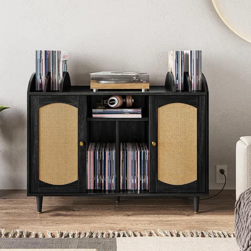 Miniatura 7 de BELLEZE Mid-Century - Soporte para tocadiscos, gabinete de almacenamiento de vinilo de ratán para más de 350 álbumes, mesa giratoria con toma