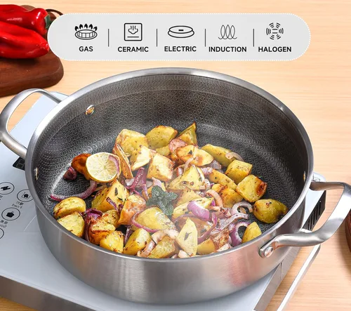 Miniatura 3 de Inqibee 3 QT de acero inoxidable híbrido tricapa antiadherente con tapa, sartén de 10 pulgadas para freír en profundidad con inducción, sartén, olla