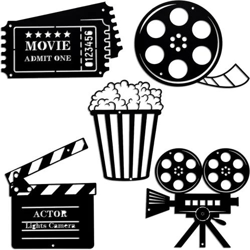 Moxweyeni 5 piezas de decoración de cine de metal para el hogar, sala de cine y palomitas de maíz, cartel de pared, arte de cine, película de cine,