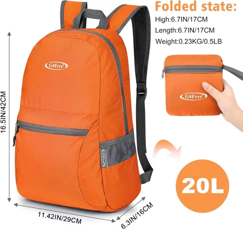 Miniatura 2 de G4Free Mochila ligera plegable de 20L, mochila de senderismo para viajes, mochila de día plegable para hombres y mujeres Naranja