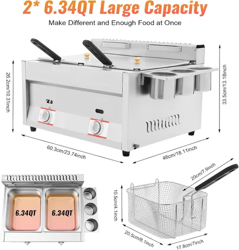 Miniatura 2 de Freidora comercial de doble tanque con 2 cestas y tapas, cada tanque de capacidad óptima de 6 litros/6.34 cuartos de galón, freidora eléctrica
