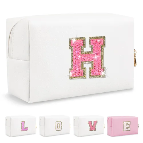 Miniatura 428 de Pequeña bolsa de maquillaje personalizada con inicial A-Z Preppy Patch, bolsa de cosméticos de viaje de felpilla blanca con cremallera, bonita bolsa