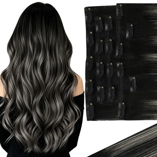 Miniatura 38 de Ve Sunny Extensiones de cabello clip-in de cabello humano real con reflejos, extensiones de cabello con clip para cabello corto, marrón oscuro