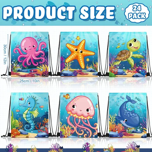 Miniatura 2 de Frienda 24 bolsas con cordón para recuerdos de fiesta oceánica, bolsas de dulces, mochila bajo el mar con criaturas para niños, suministros