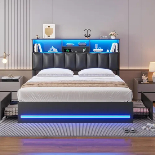 Miniatura 7 de AOGLLATI Estructura de cama Queen con elegante cabecero tipo estantería y estación de carga y luces LED, estructura de cama tamaño Queen con 4 Negro