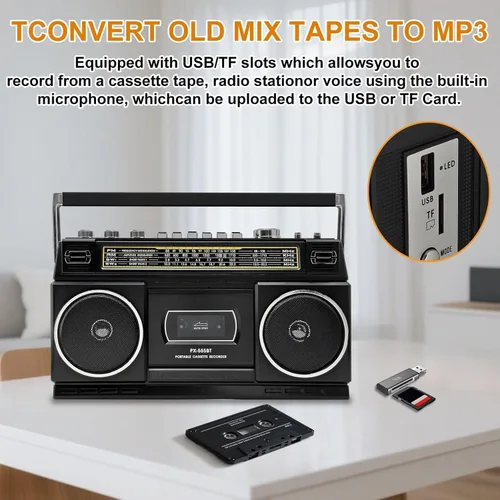 Miniatura 10 de Reproductor de casete Boombox con Bluetooth, radio AM/FM/SW y grabación a USB, sonido estéreo de 24 W, 4 modos de alimentación, estéreo retro