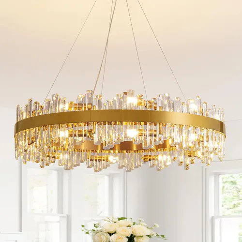 Miniatura 15 de Siljoy Candelabro moderno de cristal de 12 luces de oro cepillado de 2 niveles con forma de gota de lluvia de cristal, ajustable, montaje al ras