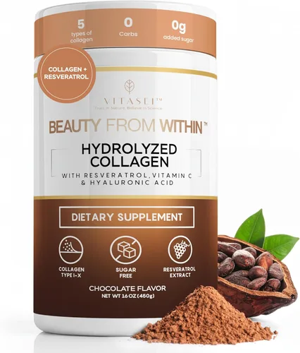 VITASEI Polvo de péptidos de colágeno hidrolizados con resveratrol y vitamina C - Soporte para cabello, piel, uñas y articulaciones - Colágeno