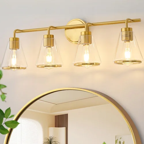 Miniatura 15 de Accesorios de iluminación de baño sobre espejo Luces de tocador doradas de 2 luces con pantalla de vidrio transparente de 14 pulgadas Luces