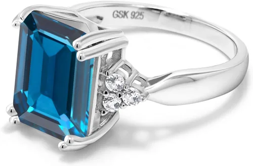 Miniatura 48 de Gem Stone King Anillo de compromiso con piedra natal de 5-10 quilates para mujer, plata de ley 925, corte esmeralda de 0.47 x 0.394 pulgadas, anillo