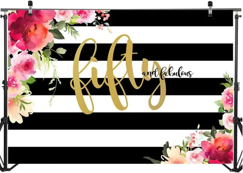 Telón de fondo de 50 años con diseño de rayas de flores, fondo de fotografía de cumpleaños 50 para mujer, cartel de fondo para fiesta de cumpleaños