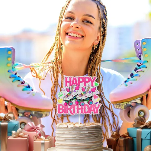 Miniatura 4 de Skate Happy Birthday Cake Topper Wing Roller Skate - Juego temático de cumpleaños para decoración de pasteles para niños o niñas, decoración retro