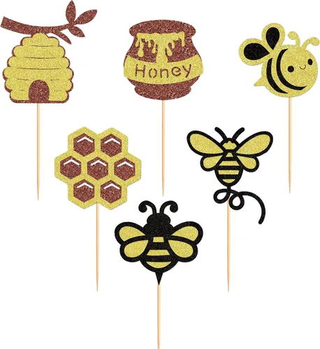 Miniatura 7 de Ercadio 24 piezas de decoración de cupcakes de abeja con purpurina de nido de abeja y miel para temática de abejas, baby shower, niños y niñas