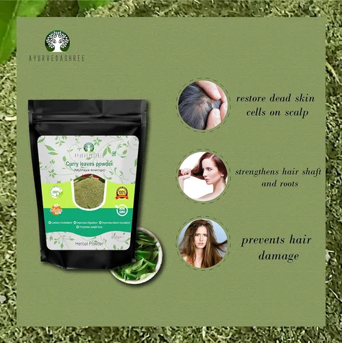 Miniatura 3 de AYURVEDASHREE Curry Leaf Powder 50 Gm Promueve el crecimiento del cabello Volumen del cabello Cabello más grueso Koenigii Murraya Natural