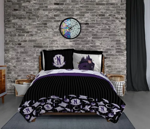 Miniatura 6 de Jay Franco Wednesday Addams - Juego de edredón tamaño Queen, ropa de cama de 7 piezas, incluye juego de sábanas y fundas de almohada, ropa de cama
