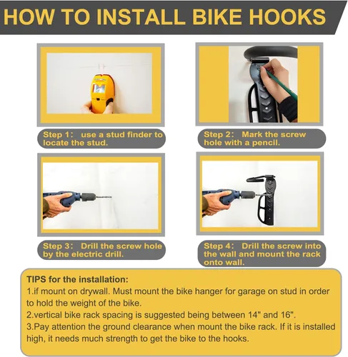 Miniatura 5 de Soporte de pared para garaje, 2 unidades, ganchos verticales para colgar bicicletas, para almacenamiento en interiores Negro-Paquete de 2
