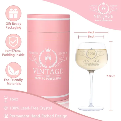 Miniatura 2 de Regalos de cumpleaños número 30 para mujer, copa de vino vintage grabada de 1996 para ella, regalos de cumpleaños de 30 años para mujeres, idea