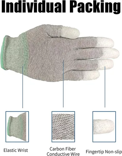 Miniatura 5 de Guantes de trabajo, guantes ESD, guante de fibra de carbono de alta resistencia, guante antiestático, punta de dedo antideslizante, mediano, 10 pares
