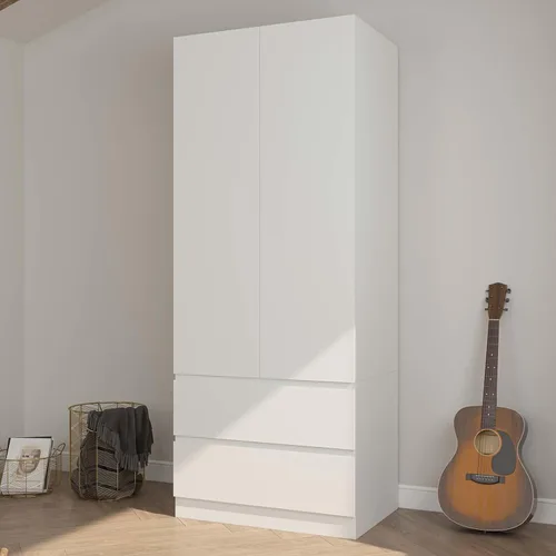 Armario Armario con 2 cajones y 2 puertas, Armarios y armario con barra para colgar, Armario para dormitorio, color blanco (31.5 pulgadas de ancho x