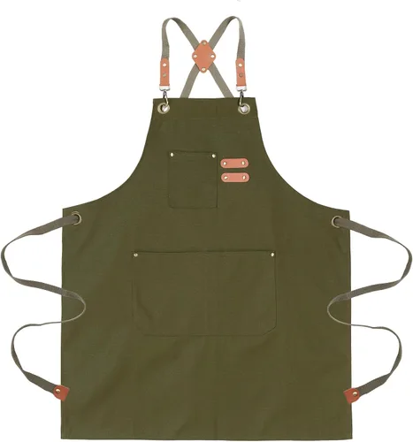 Miniatura 15 de Delantales de chef para hombre, delantal de lona con bolsillos grandes y correa ajustable para el cuello para cocinar, barbacoa, jardinería