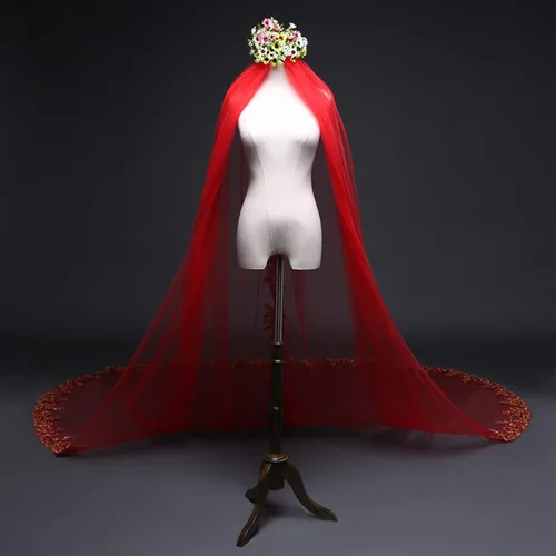 Miniatura 4 de Velo de novia, rojo de una sola capa, borde de encaje, 9.8 ft de largo, velo de cola ensanchada, con peine, adecuado para fotografía de boda, foto
