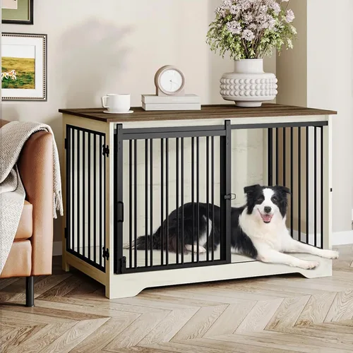 Miniatura 25 de Hzuaneri Mueble de jaula para perros de 31.9 pulgadas con puerta de granero, perrera resistente para interiores con 2 puertas, mesa auxiliar