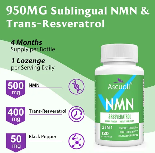 Miniatura 3 de Sublingual NMN 500 mg + Trans-Resveratrol 400 mg, fórmula avanzada 3 en 1 99% puro NMN Resveratrol Suplemento para Boost* NAD, células, inmune