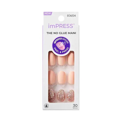 Uñas a presión KISS imPRESS sin pegamento, diseño 'Evanesce', color beige, tamaño corto, forma ovalada, incluye 30 uñas, almohadilla de preparación,