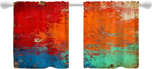 Miniatura 142 de Shrahala Beige and Orange Abstract Art Brushstrokes Blackout Curtain Tiers, Abstract Oil Paint Kitchen Valance Light Blocking Tier Drapes with Rod
