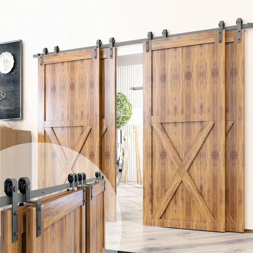 Miniatura 11 de Homacer juego de accesorios para puerta corrediza de granero, para puertas dobles/dos puertas, riel de 4 pies, diseño corredizo clásico, para Kit