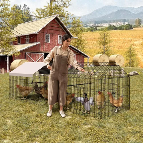 Miniatura 9 de Gallinero de metal, corralito de pollo para patio con cubierta, jaula portátil de metal para exteriores con 4 puertas y 1 ventana para gallina