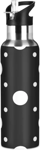 White Polka Dots Black Insulated Water Bottle 20 Oz Leakproof Water Bottles, BPA-Free Sports Water Bottle with Straw