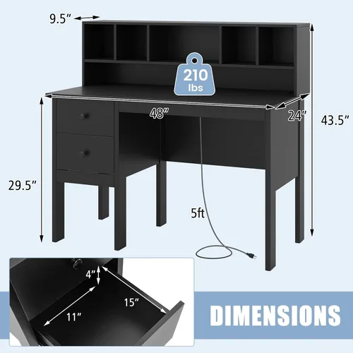 Miniatura 3 de COSTWAY Escritorio con puertos de carga USB y tomas de corriente, escritorio de computadora de 48 pulgadas con cajones y gabinete de 5