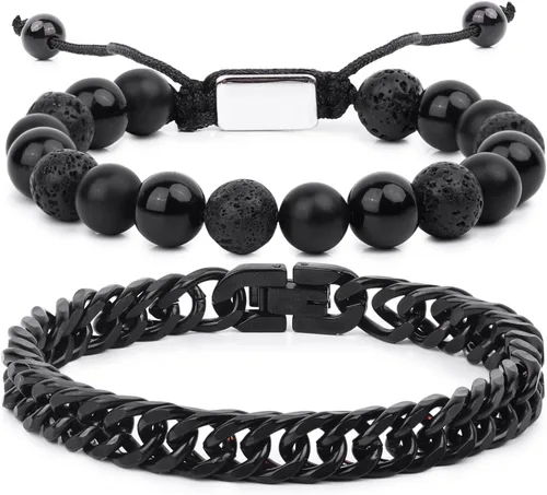 Miniatura 21 de Pulseras de cuentas negras para hombres y niños: 0.236 in de obsidiana ónix cuentas de lava para hombre conjunto de pulseras para hombre - Genial